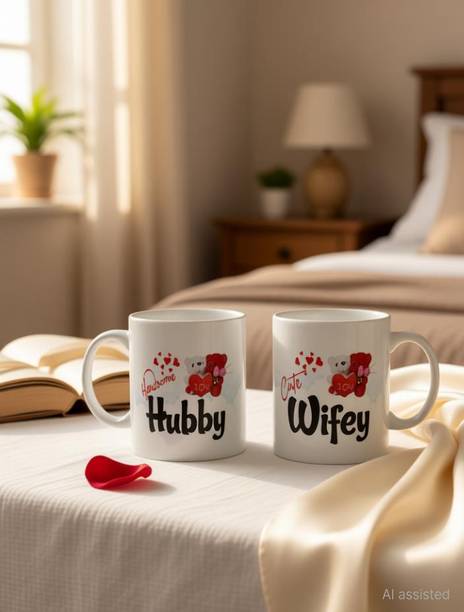 Kanak traders Wifey Hubby Printed Couple Coffee Tea Cup for Husband, Wife On Marriage, Anniversary, Birthday ( Ceramic Coffee (330 ml, Pack of 2) (RSD004) Ceramic Coffee Mug