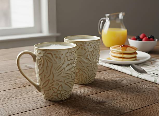 MilyandCo Beige Embossed Ceramic Tea Coffees Set of 2 Ceramic Coffee Mug