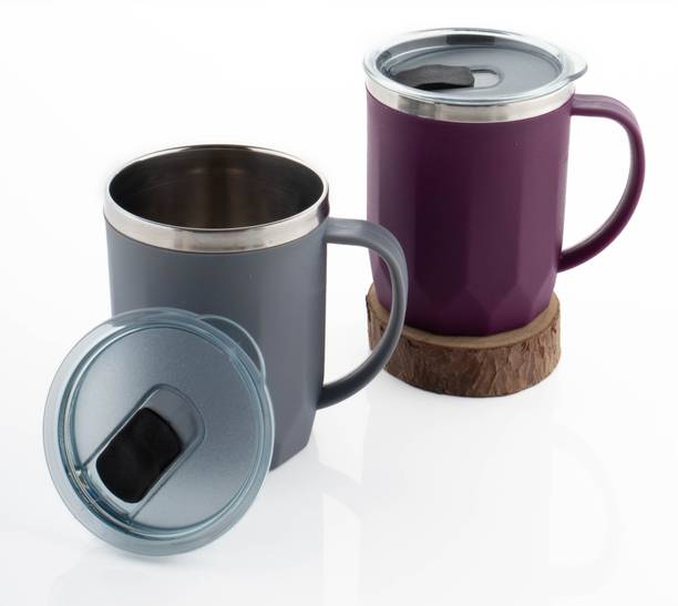 MAGICSPOON Stainless Steel Travel Coffee, Tea Cup with Sipper Lid (400 ml, Pack of 2) Stainless Steel Coffee Mug