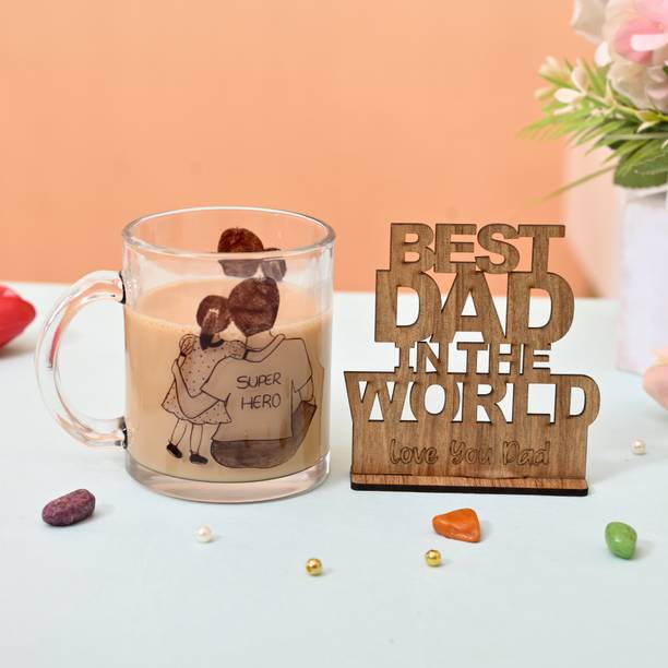 V Kraft SUPER DAD TRANSPARENT CoffeeMug & wooden showpiece, Birthday, FATHER'S Day Ceramic Coffee Mug