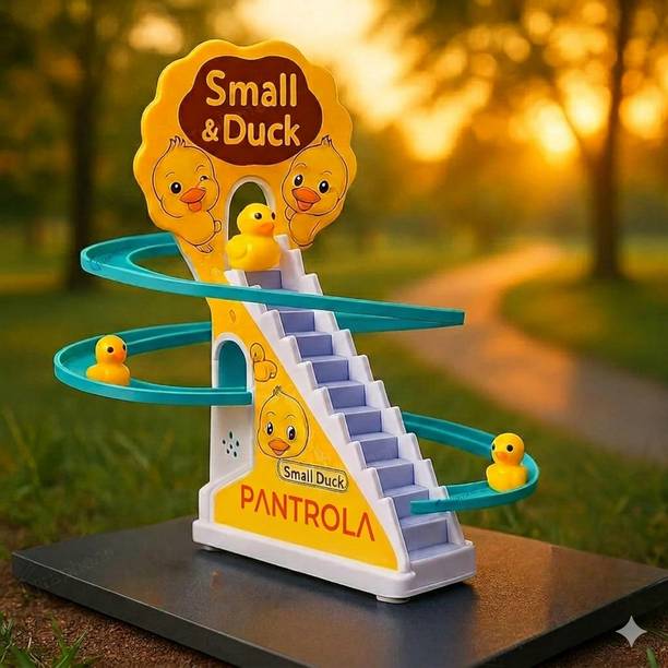 PANTROLA Musical Duck Climbing Stairs Toy, LED Lights and Automatic Racing Track for Kids