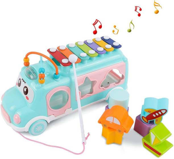 Maa Momai Toys Kids Musical Activity Bus Shape Sorter with Xylophone Learning Toy