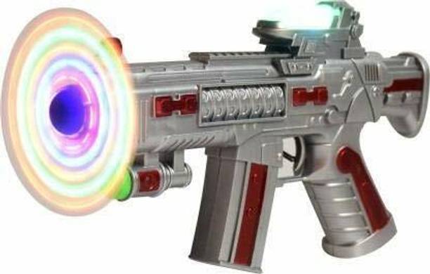 अगंता Space Gun Toy With LED Matrix Flashing Rotating Fan Musical Battery Operated Gun