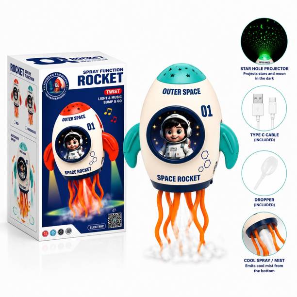 ZUNBELLA Dancing Moving Musical Rocket Toy With Spray Mist LED Light Bump & Go For Kids