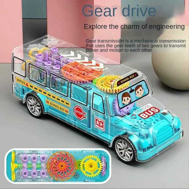 SPKART Transparent Gear School Bus Toy for Kids with 3D Light & Music, Bump & go Action