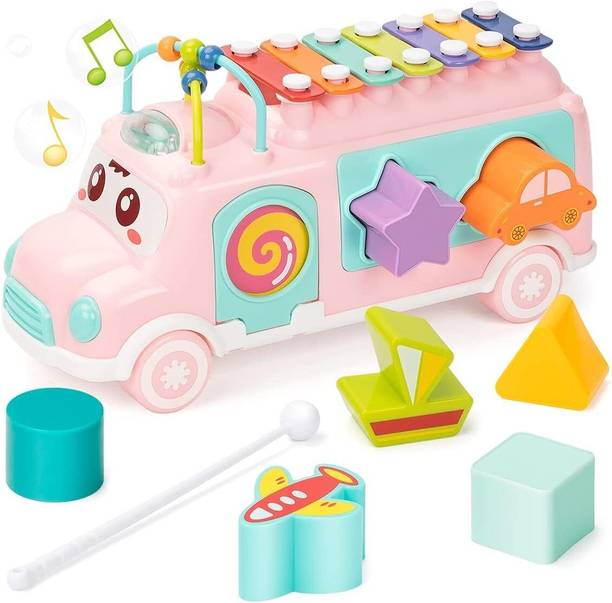 BD STORE Music School Bus With Xylophone Instrument Toy For Kids, With 7 Shape Blocks
