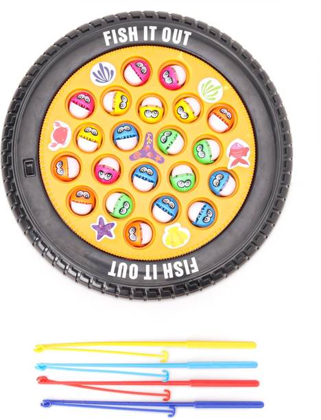 Goyal's Magnetic Musical Round Tyre Fishing Fish Catching Game with 21 Fishes and 4 Pods