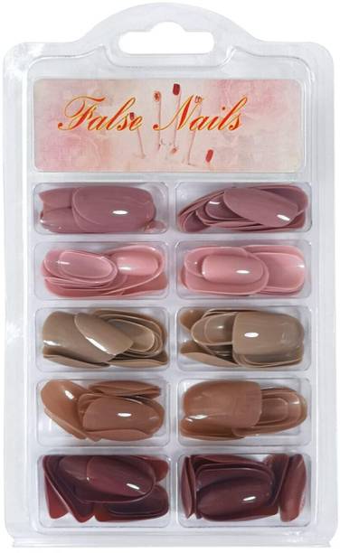TREXEE 120 Pcs Medium Round Artificial Nails Extensions Combo in 5 Colors With Glue