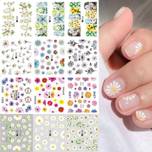 S.A.V.I 12 Sheets Colorful Daisy Flower, Water Transfer Nail Sticker, Decals D
