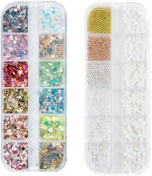 Scheibe 12 Grid Holographic Flakes and 12 Grid Flower and Metal Ball Nail Art Set