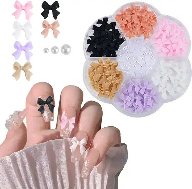 HUDA. BB Resin Bowknot Nail Charms Pearl Charms for Nail Art 6 Colors 3D Bowknot French
