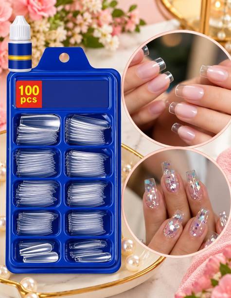 MISS BELLA 100 Pcs Transparent Artificial Nail Tips with Nail Glue for Nail Extension 001