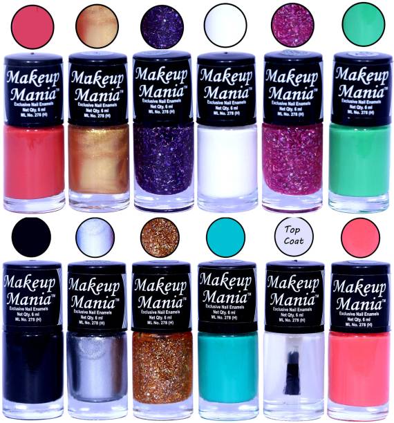 Makeup Mania HD Color Nail Polish Set of 12 Pcs (Combo MM-136) Coral Red, Golden, Blue Glitter, White Base, Pink Glitter, Sea Green, Black, Silver, Golden, Turqoise, Top Coat, Pink