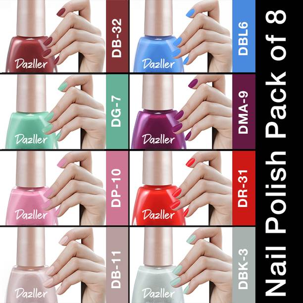 Dazller Nail Polish, Chip Resistance, Acetone-Free Formula, Rich Pigmentation,Quick-Dry, Pro Nails - (Pack of 8) Multicolor
