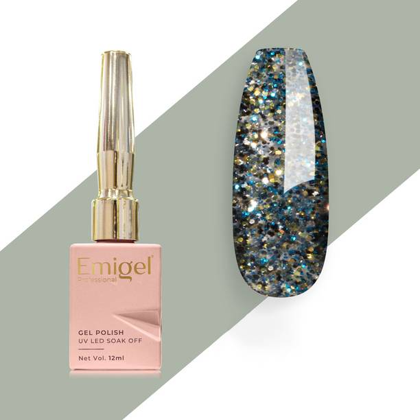 Emigel Professional UV Gel Nail Polish COMET 042 | Cured With UV LED Lamp, Super Glossy Finish, 12ml COMET BLACK GLITTER