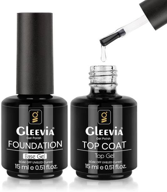 Gleevia Shiny Top Coat & Base Coat UV/LED Soak-Off Gel 15ml/each Combo Pack Transparent