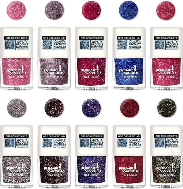 Ramp Walk High Gloss Glitter Nail Polish Quick Dry & Long Lasting 5 ml each Silver,Deep Red Green,Blue,Royal Blue,Muave,Copper,Red,Light Pink,Pink