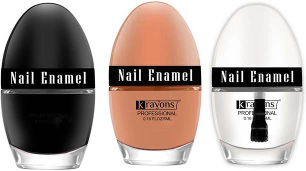 KRAYONS Professional Glossy Nail Paint, 15ml, Black Shadow, Nude Beige, Top Coat