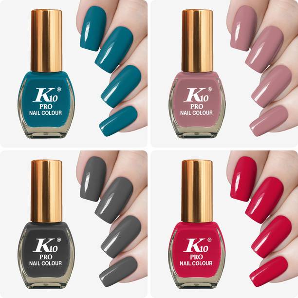 K10 High Shine Long Lasting Non Toxic Professional Nail Polish Combo Teal, Dusty Pink, Grey, Rose Pink