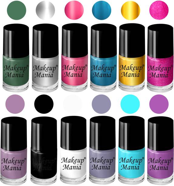 makeupmania Elegant Nail Polish Set of 12 Pcs (Set # 158) Black, White, Blue
