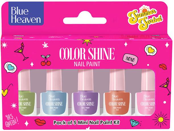 ब्लू हेवन Color Shine Pack of 5 Mini Nail Polish Kit, Summer Sorbet, Glossy Gel Finish समर सोरबेट
