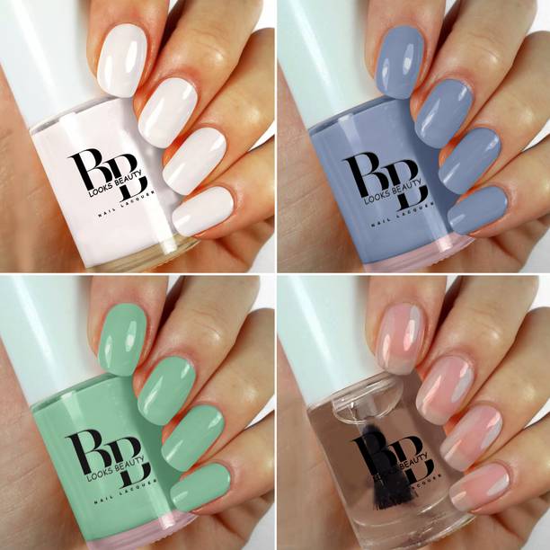BB LOOKS BEAUTY HD Colors High-Shine Long Lasting, Nail Polish Combo Pack of 4 White,Top Coat, Fringy Flower, Jordy