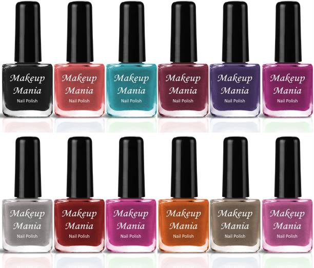 Makeup Mania High-Shine Long Lasting Non Toxic Professional Nail Polish Set of 12 Pcs (#201) Black, Grey, Pink, Brown, Nude