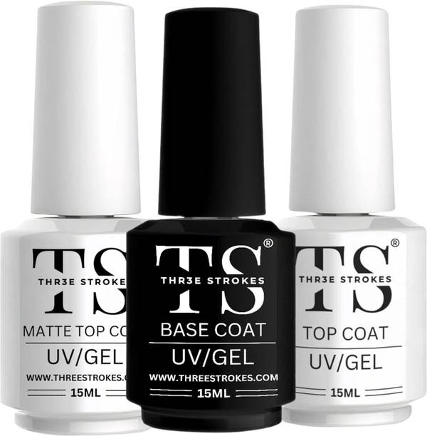 THR3E STROKES Gel Nail Polish Coats, 3 Pcs 15 ml No Wipe Matte & Shiny Top Coat, Long Lasting Clear High Gloss and Matte Effects DIY at Home (UV LIGHT REQUIRED) Glossy Finish