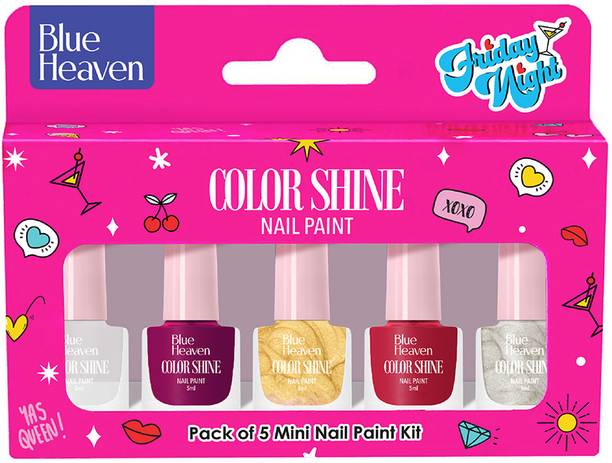 ब्लू हेवन Color Shine Pack of 5 Mini Nail Polish Kit, Friday Night, Glossy Gel Finish फ्राइडे नाइट