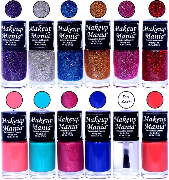 Makeup Mania HD Color Nail Polish Set of 12 Pcs (Combo MM-144) 6 Zari Shades, Light Pink, Turqoise, Blue, Top Coat, Coral
