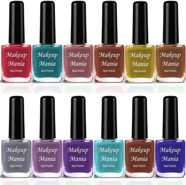makeupmania Rich Color Nail Polish Long Lasting HD Shine Latest Shades Set of 12 Pcs (#213) Grey, Purple, Brown, Red, Mauve, Yellow, Nude