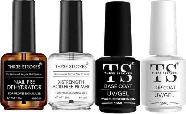 THR3E STROKES Nail Dehydrator and Primer with Gel Base & Top Coat Set, Acid Free Acrylic Nail Supplies Primer Glossy Gel Nail Polish Top Coat Starter Kit (UV LAMP REQUIRED)