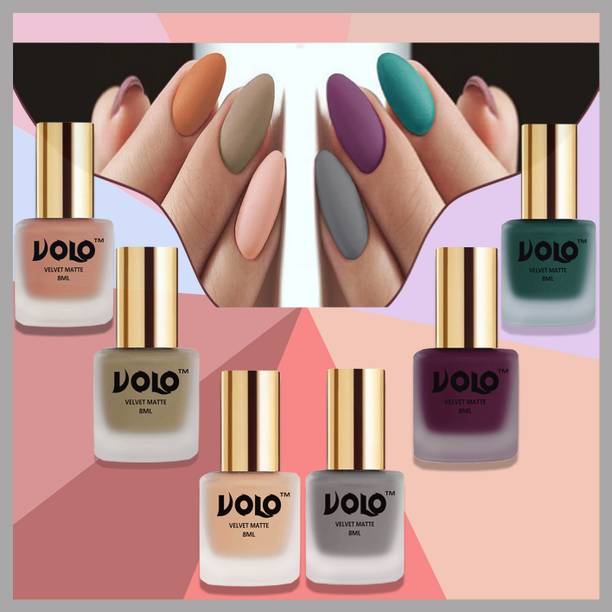 Volo Velvet Dull Matte Posh Shades Party Girl Range Nail Polish Sets Combo-No-23 Light Wine, Sand Nude, Light Peach, Dark Green, Nude, Grey