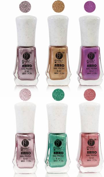 Beauty7 Amro Glitter Nail Polish Combo Set, Long Lasting Nail Paint For Women & Girls / Pale, Gold, Purple, Light Pink, Mint, Pink