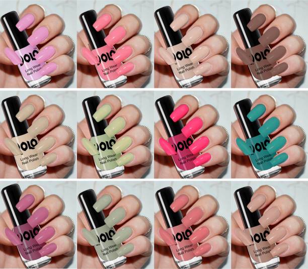 Volo Color Rich Toxic Free Perfection Shine Nail Polish Set of 12 Combo-No-118 Light Wine, Mischievous Mint, Golden Chrome, Pink Nude, Dark Nude, Nude, Peach Pink, Passion Pink, Radium Green, Red Gold, Light Pink, Light Purple