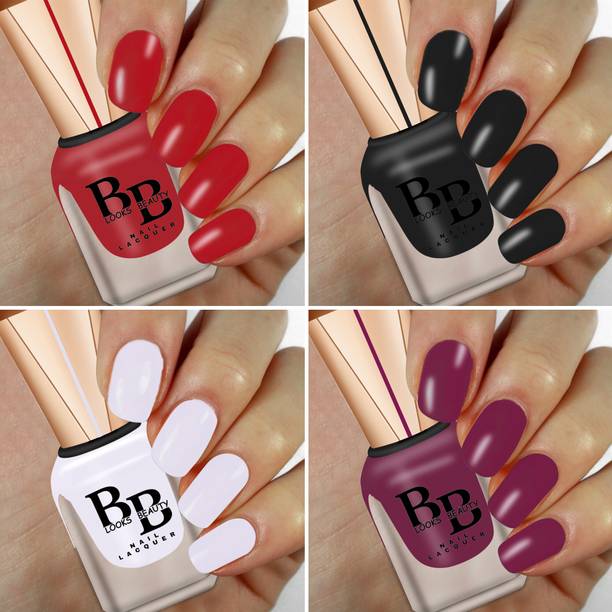 BB LOOKS BEAUTY High Pigment Shine Like Stars, Glossy Finish, Pack of 4 Nail Polish Black Margarita, White o White, Hot Peprika, Mulberry