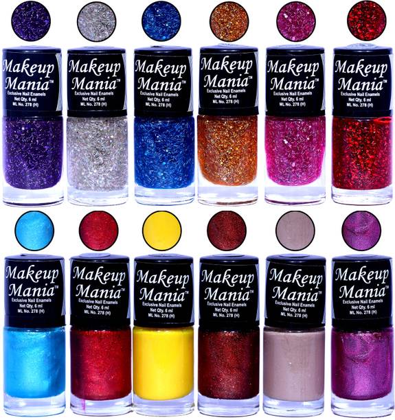 makeupmania HD Color Nail Polish(Combo MM-122) Purple, Silver, Blue, Golden, Pink, Red Glitter, Dark Copper, Bright Yellow, Dusky Nude