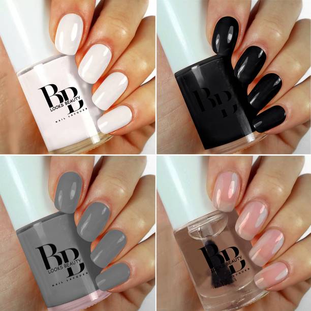 BB LOOKS BEAUTY HD Colors High-Shine Long Lasting, Nail Polish Combo Pack of 4 White, Black Beauty, Grey, Top Coat