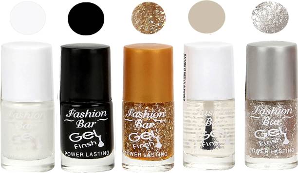 Fashion Bar Gel Finish Exclusive Nail Polish Combo Set Clear, White, Gold, Black, Grey