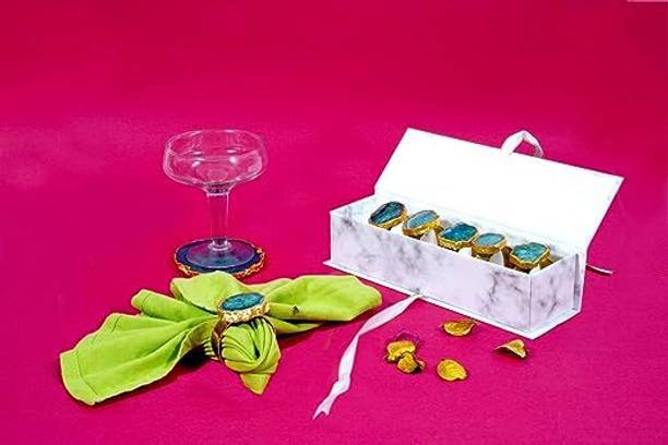 HOMEARTE INDIA Natural Agate Stone Gold platted Edges, Napkin Rings, with a Luxury Box Set of 6 Napkin Rings