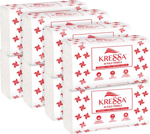 KRESSA Multi Fold Paper Hand Towels | M Fold | 150 x 8 = 1200 (Pack Of 8) White Paper Napkins