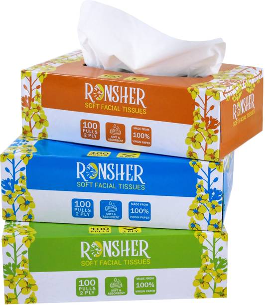 RONSHER 100 Pulls, Facial Tissue, set of 3 White Paper Napkins