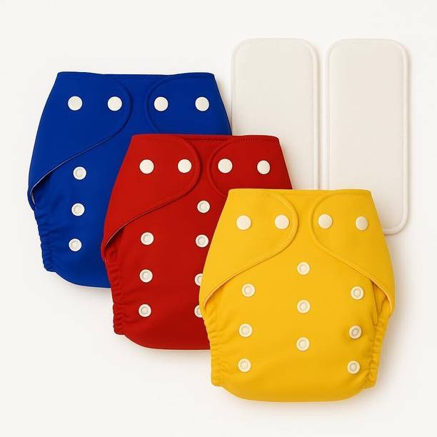 Lapry Reusable & Washable Baby Cotton 3 Cloth Diaper Nappies With 2 White Insert Pads