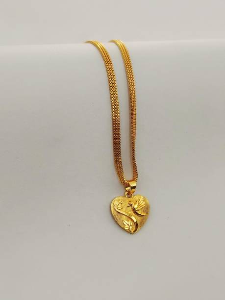 One Gram Gold Chain With Heart Pendant For Women And Girl 22 Inch Long Gold-plated Plated Brass Necklace