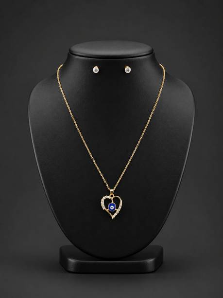 Evil Eye Heart Pendant Necklace with Crystal Stud Earrings for Women & Girls Alloy Necklace Set
