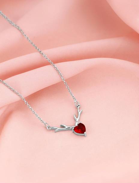 925 Silver Deer Heart in Red Necklace|Lifetime Plating|6 Month Warranty Cubic Zirconia Rhodium Plated Sterling Silver Necklace