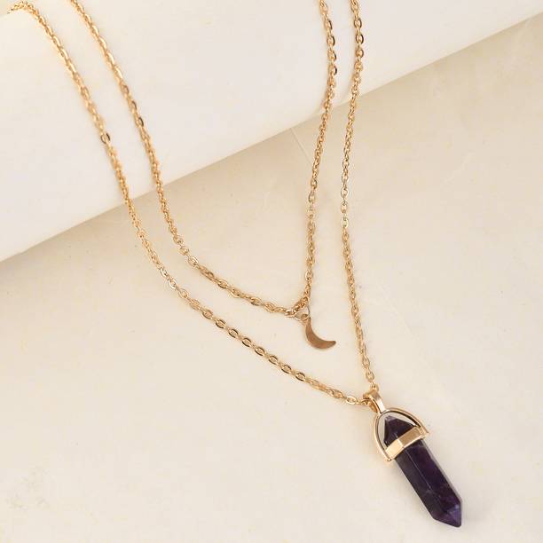 Purple Crystal and Moon Charm Gold-Plated Necklace Gold...