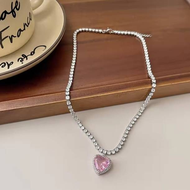Sasha Korean Heart Pink Diamond Pendant Necklace for Girls and Women Swarovski Crystal Silver, Platinum Plated Stainless Steel Necklace