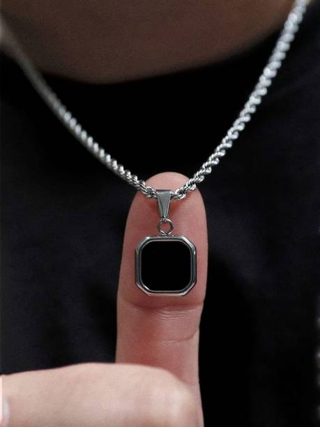 oyssta unique Geometric Black Square Natural Stone Pendant Locket With silver Box Silver Plated Stainless Steel Chain Set
