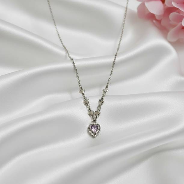 Trendy Purple Stone Heart Charm Necklace for Stylish Girls Silver Plated Stainless Steel Necklace